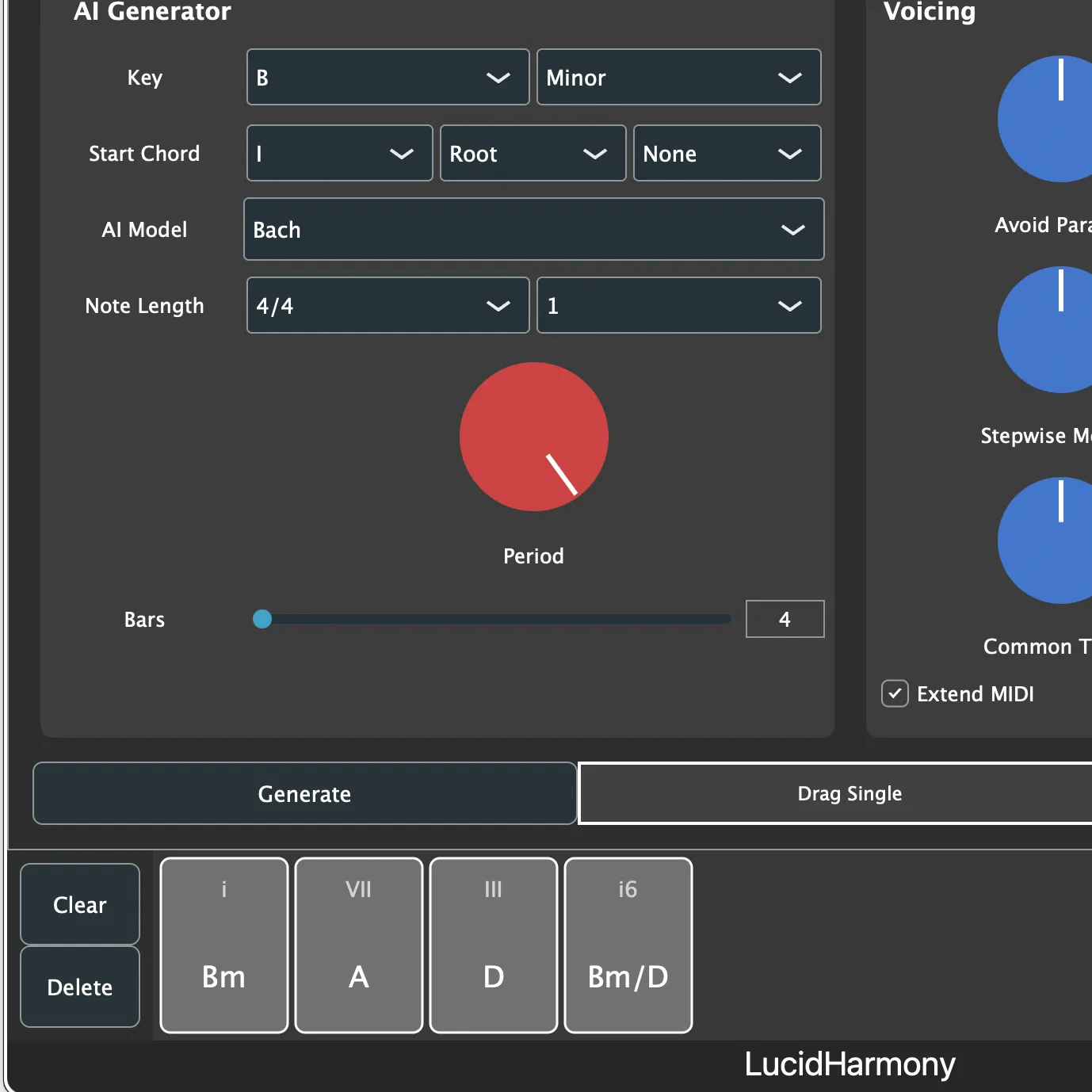 LucidHarmony generating a four-chord ambient progression with AI