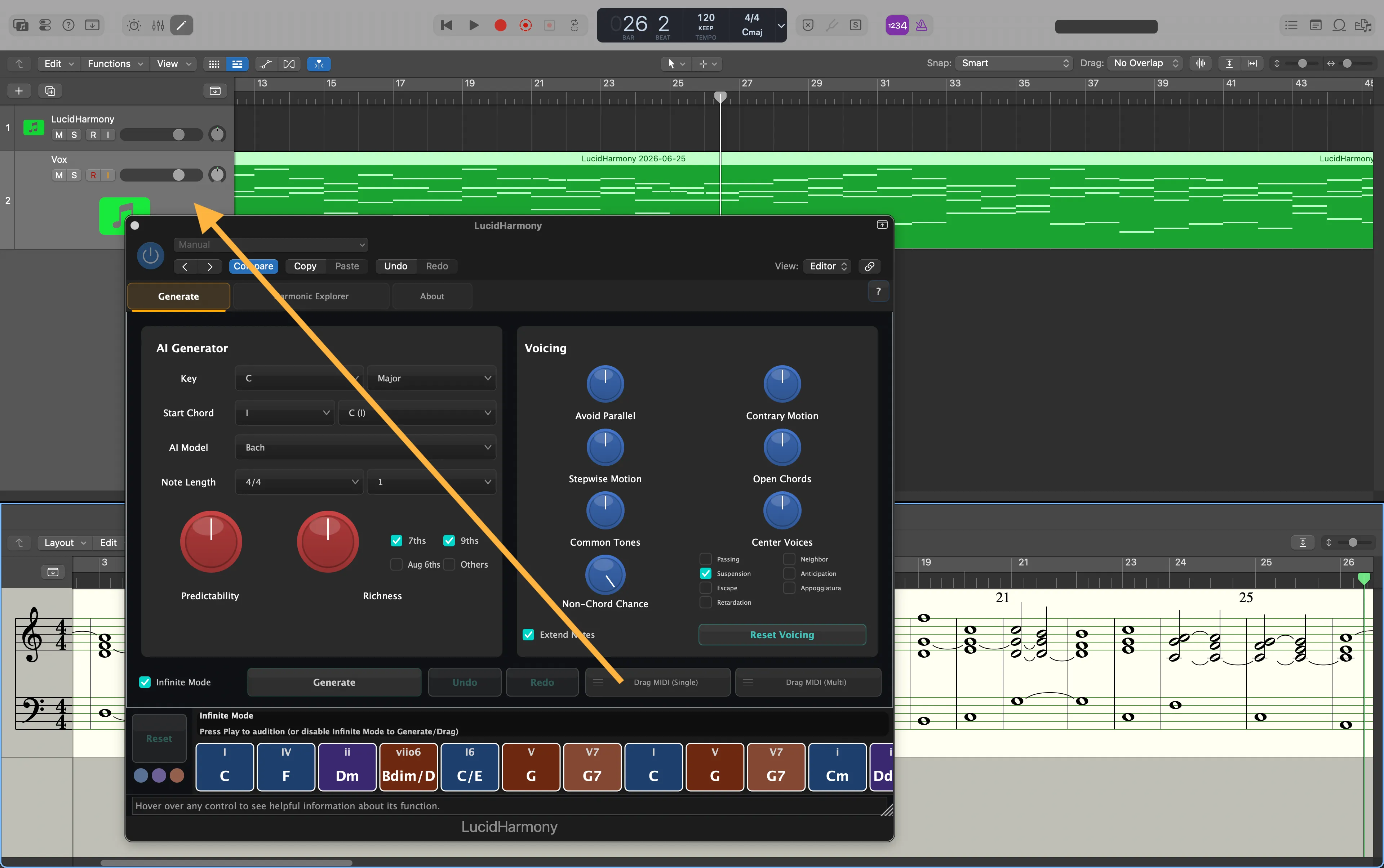 LucidHarmony plugin interface showing AI-generated chord progressions